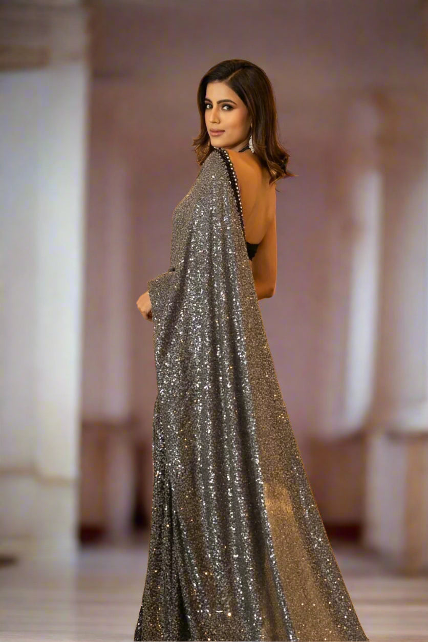 Georgette padding Grey to black Saree