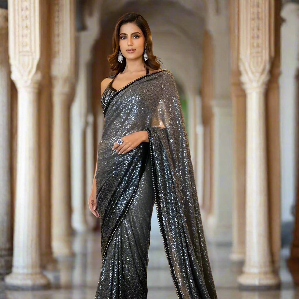Georgette padding Grey to black Saree
