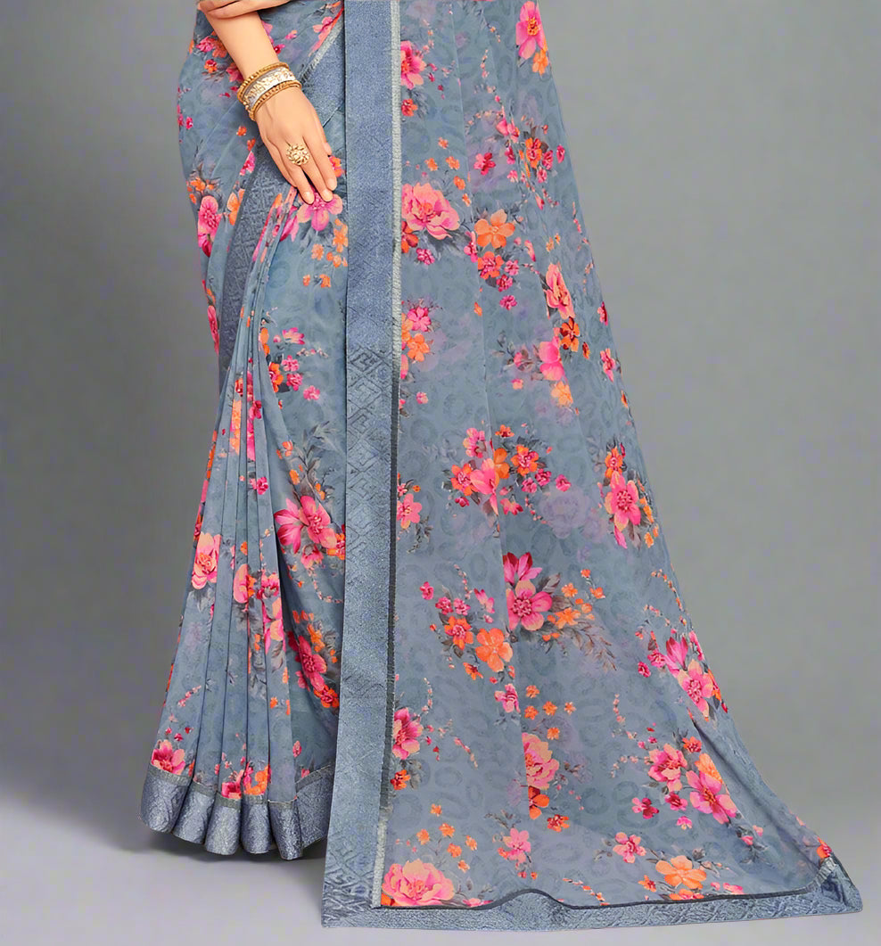 Grey and Pink Floral Printed Georgette Saree