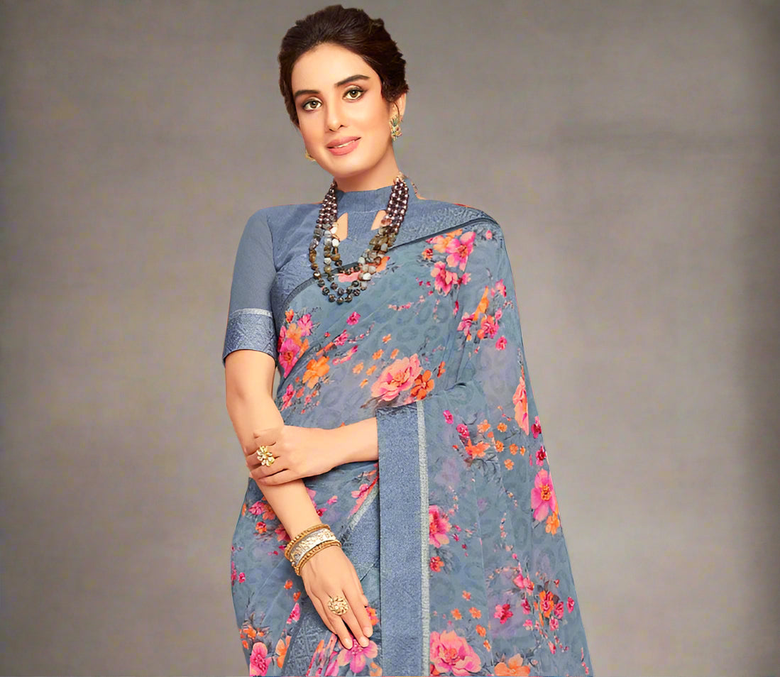 Grey and Pink Floral Printed Georgette Saree