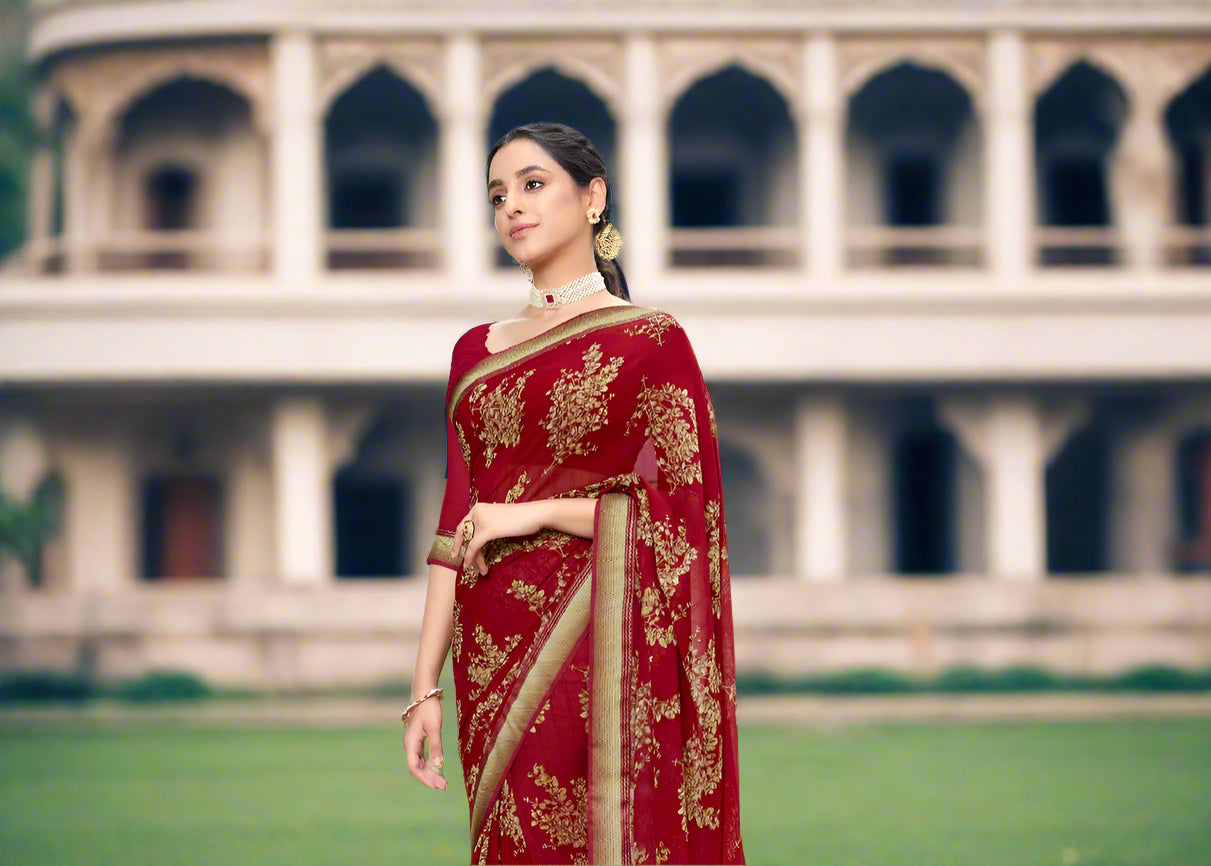 Cherry Red Printed Georgette Saree