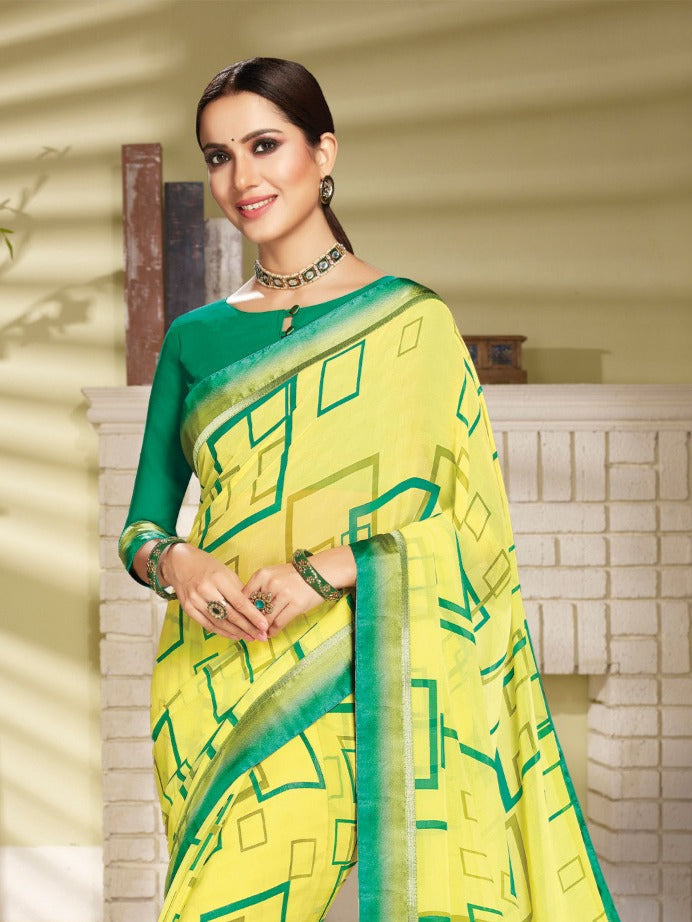Yellow & Rama Green Georgette Saree with Pashmina Border