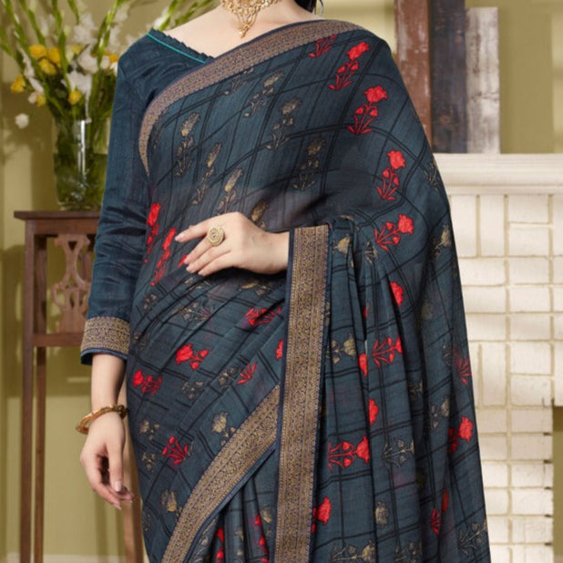 Dark grey floral Printed Gerogette Saree