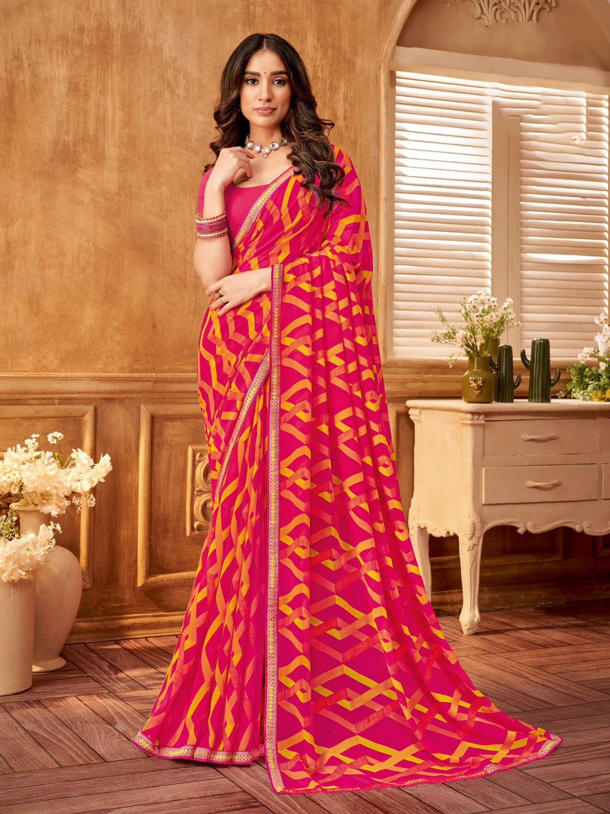 Red Pink Georgette Printed Saree