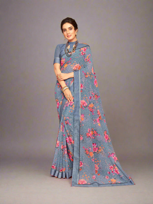 Grey and Pink Floral Printed Georgette Saree