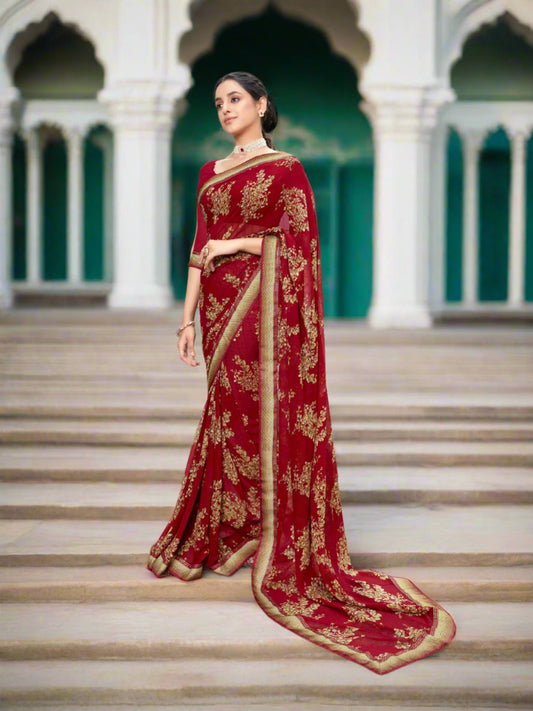 Cherry Red Printed Georgette Saree