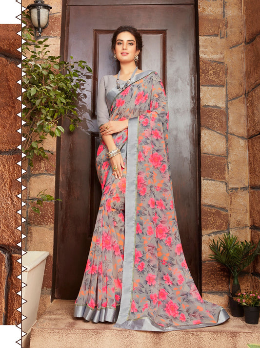 Peach & Grey Floral Printed Georgette Saree