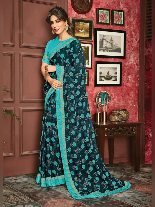 Dark Blue Grey Printed Georgette Saree