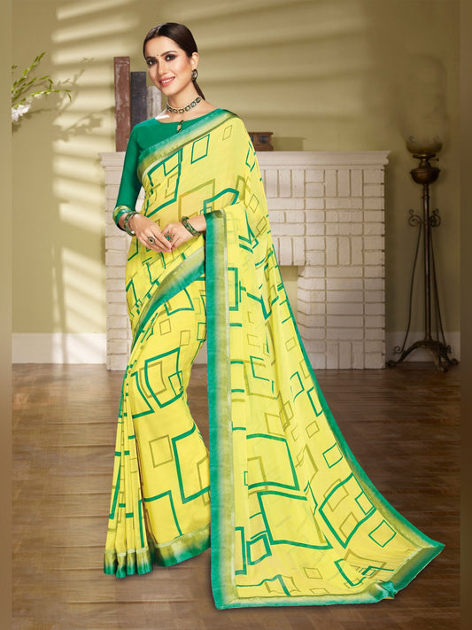 Yellow & Rama Green Georgette Saree with Pashmina Border