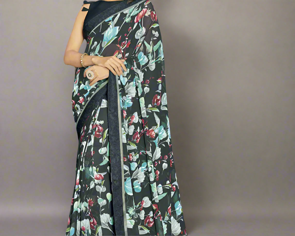 Floral Printed Dark Teal Blue Georgette Saree
