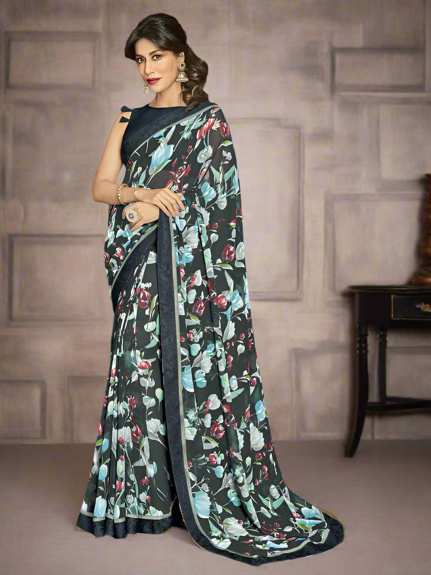 Floral Printed Dark Teal Blue Georgette Saree