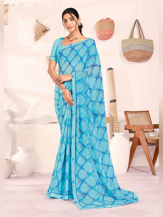 Spray Blue Printed Georgette Saree